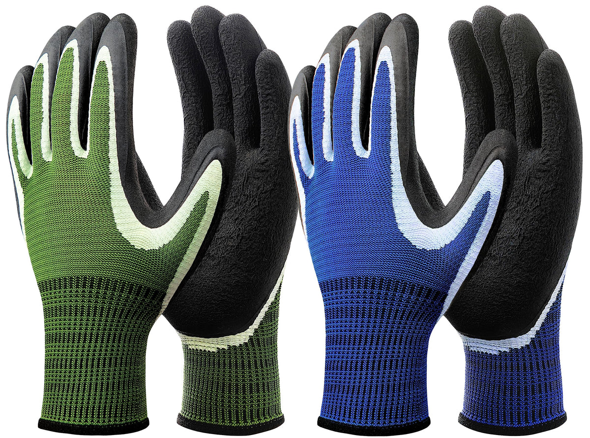 DOFOWORK gardening gloves in blue and green with palm grip for secure wet handling