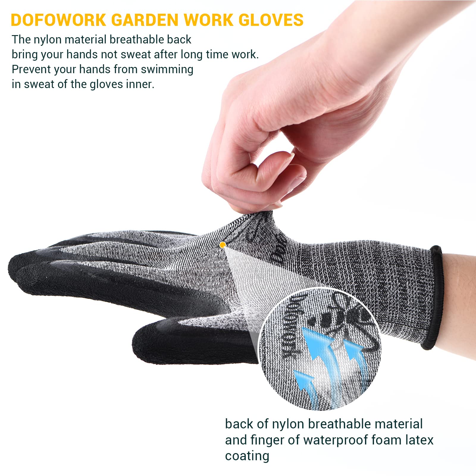 DOFOWORK latex-palm grip demonstrating secure control on damp soil