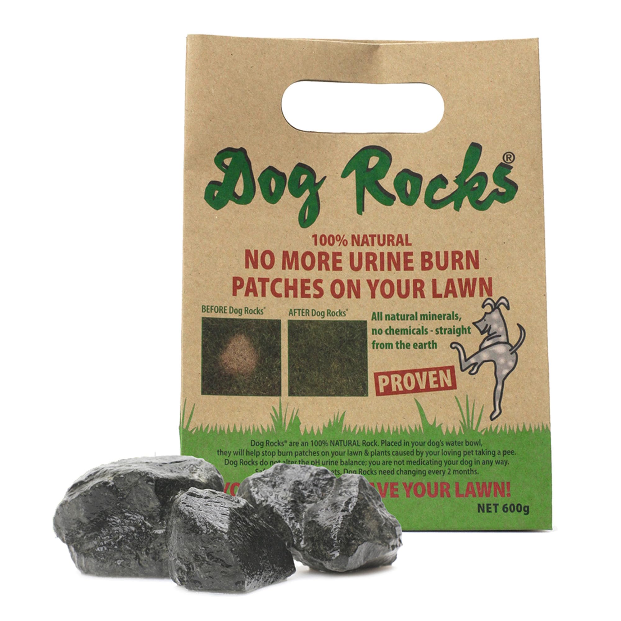 Dog Rocks 600g packaging front, natural lawn solution for dog urine.