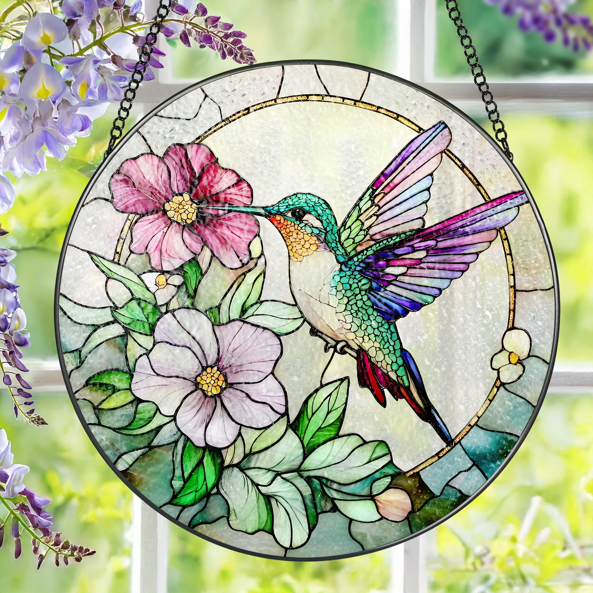 DOUHASU hummingbird suncatcher 8-inch window hangs casting colorful light indoors and outdoors.