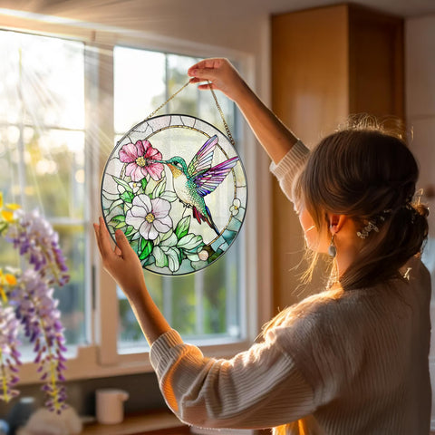 DOUHASU hummingbird suncatcher stained glass detail showcases vivid color with weather-resistant UV printing.