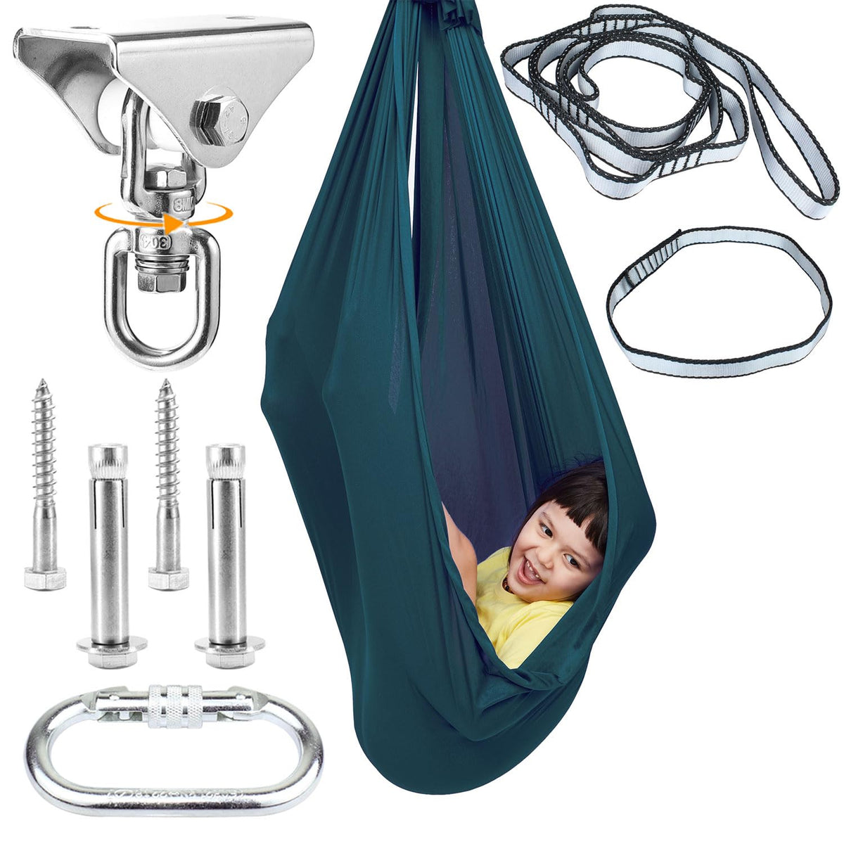 DOI IRON Sensory Swing with 360° swivel hook enables smooth spins for active play.