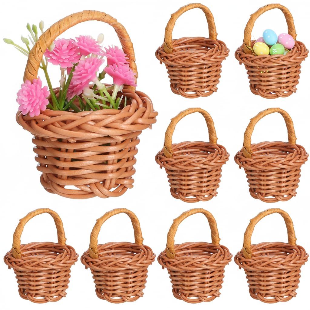 DOITOOL 10-pack mini woven baskets with handles for dollhouses and crafts.