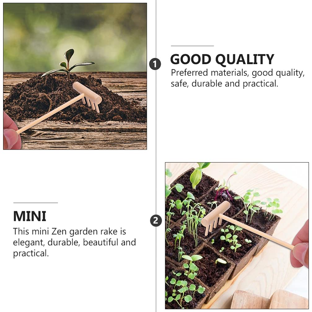 Wood-color mini rakes provide safe, tactile tools for kids and adults