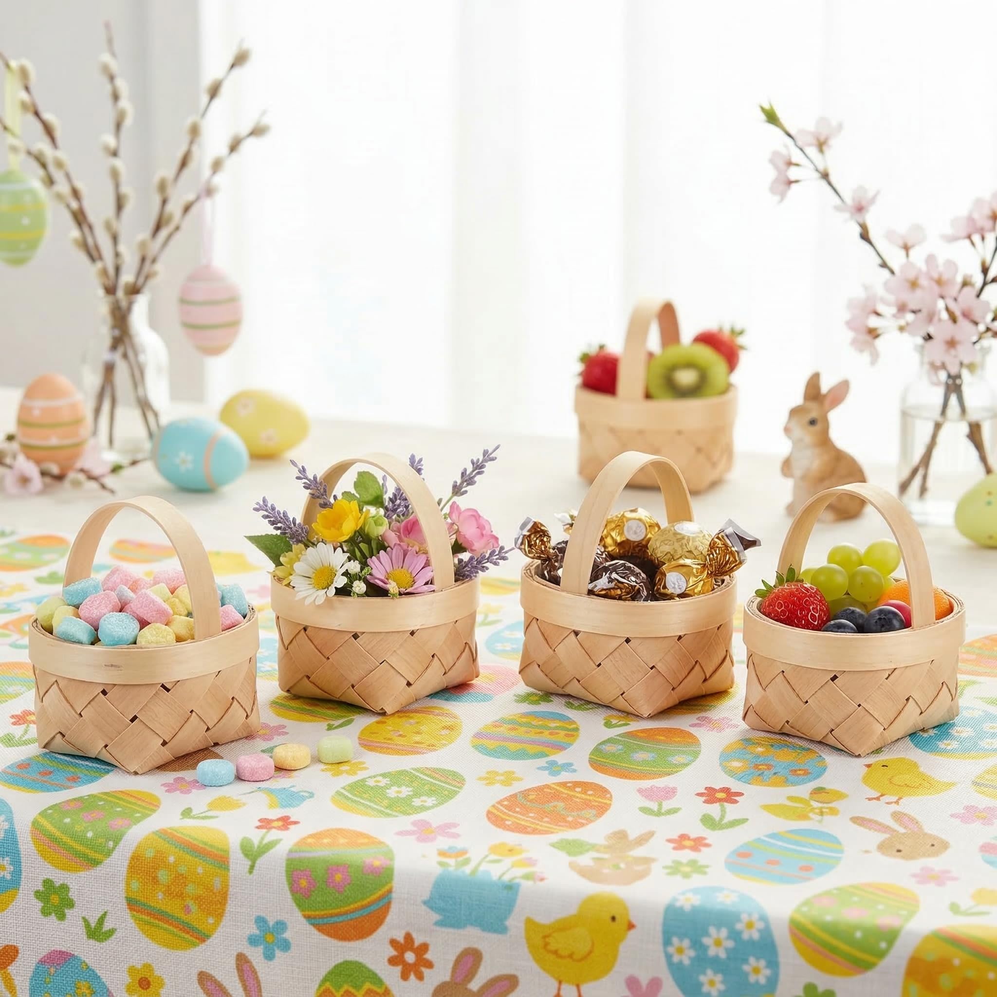 DOITOOL mini woven basket with handle shown with candy treats for display
