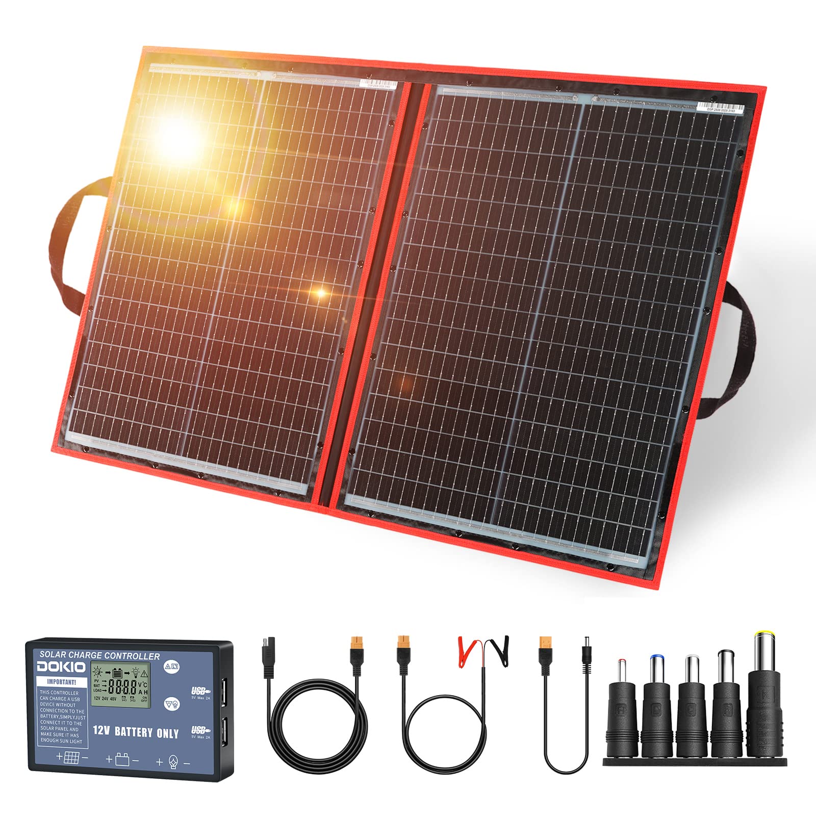 Dokio 100W foldable solar panel ready for daylight charging during camping