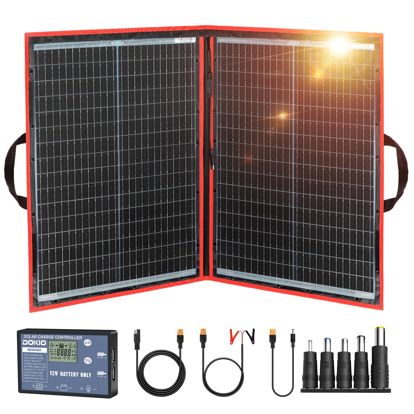 DOKIO 100W foldable solar panel opened for on-the-go charging