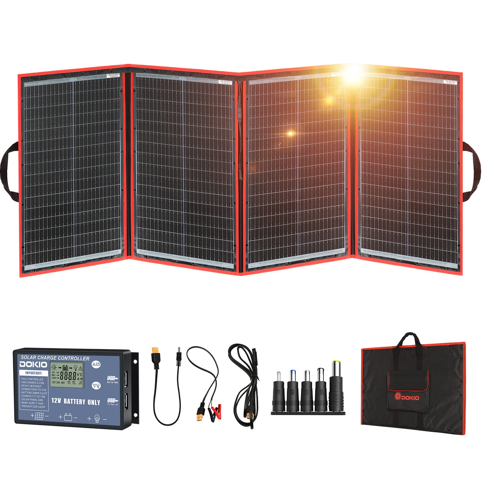 DOKIO 200W foldable panel ready for travel and storage.