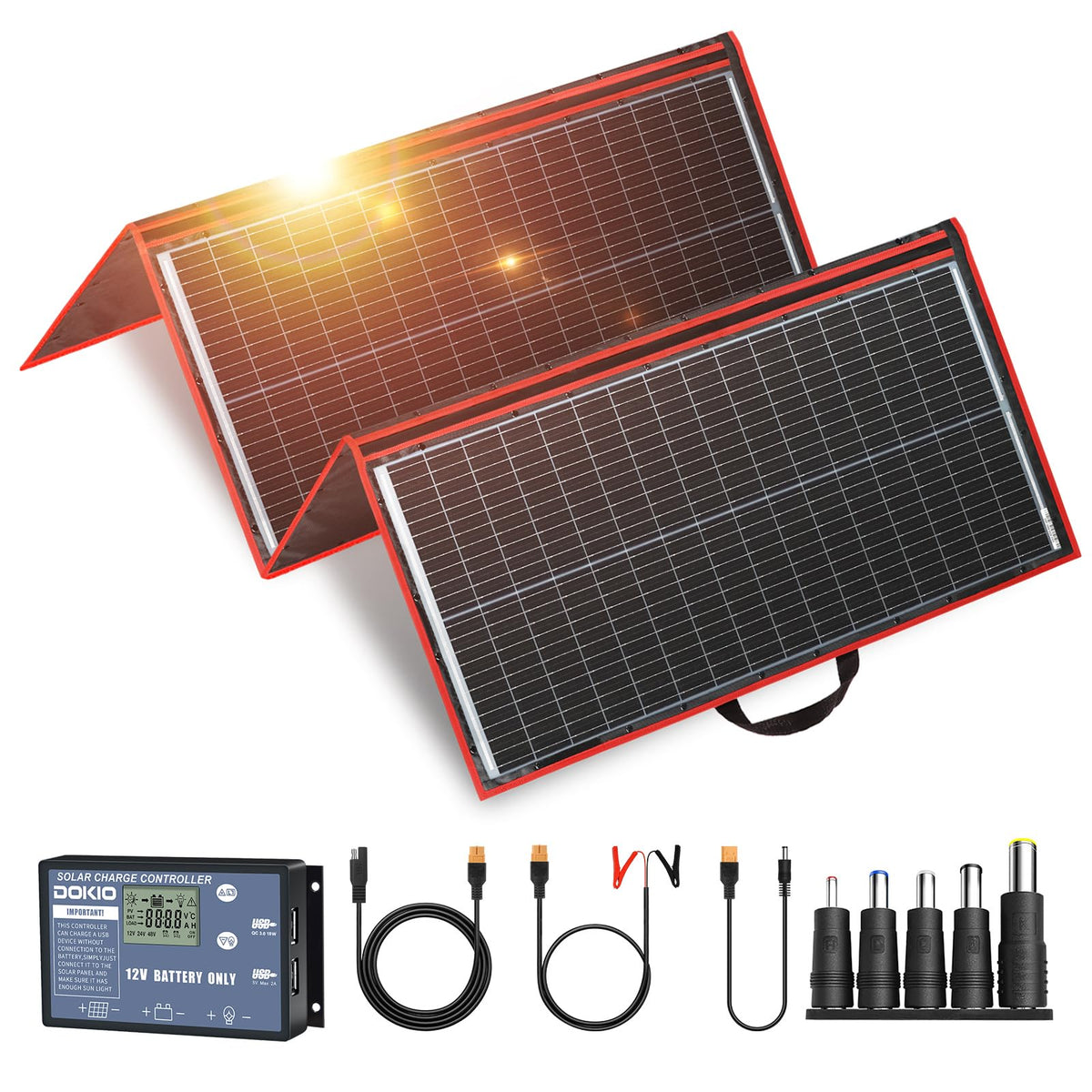 DOKIO 300W foldable panel folded for compact storage and easy transport.