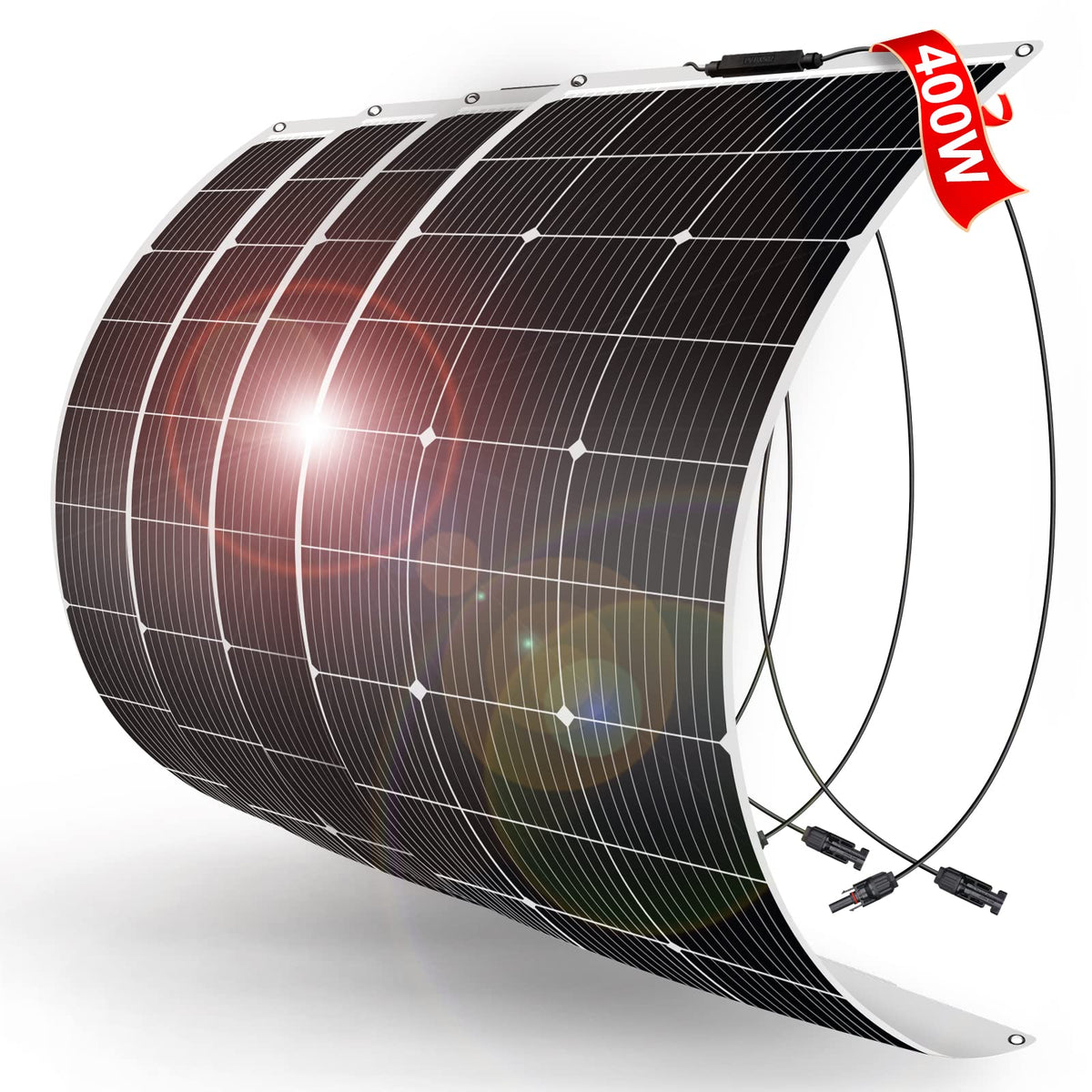 DOKIO 400W flexible panel series setup for scalable off-grid charging.