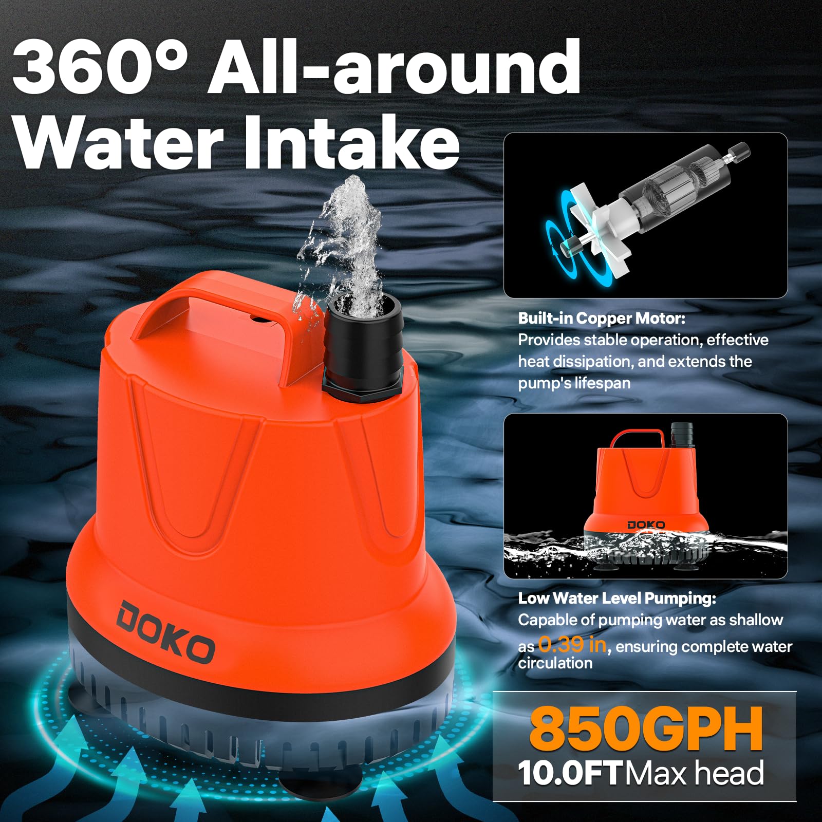 DOKO pump with six-foot cord and integrated handle for easy transport.
