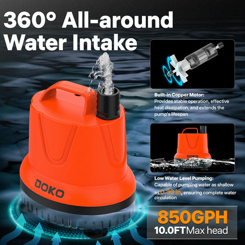 DOKO pump with six-foot cord and integrated handle for easy transport.