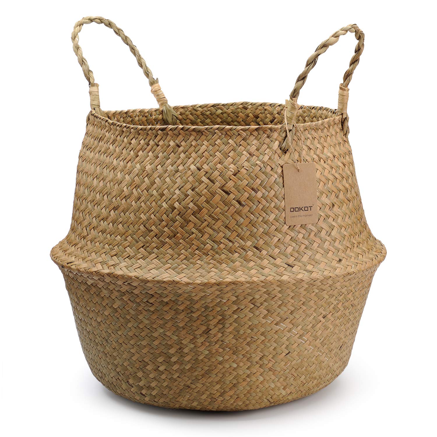 DOKOT seagrass round basket with handles, ideal as a plant pot.