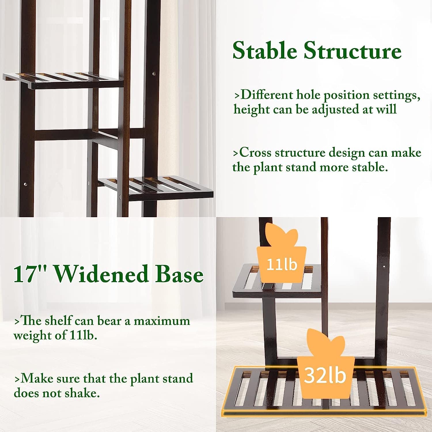 DolceLuna bamboo stand supports pots up to 7.5 inches without bending.
