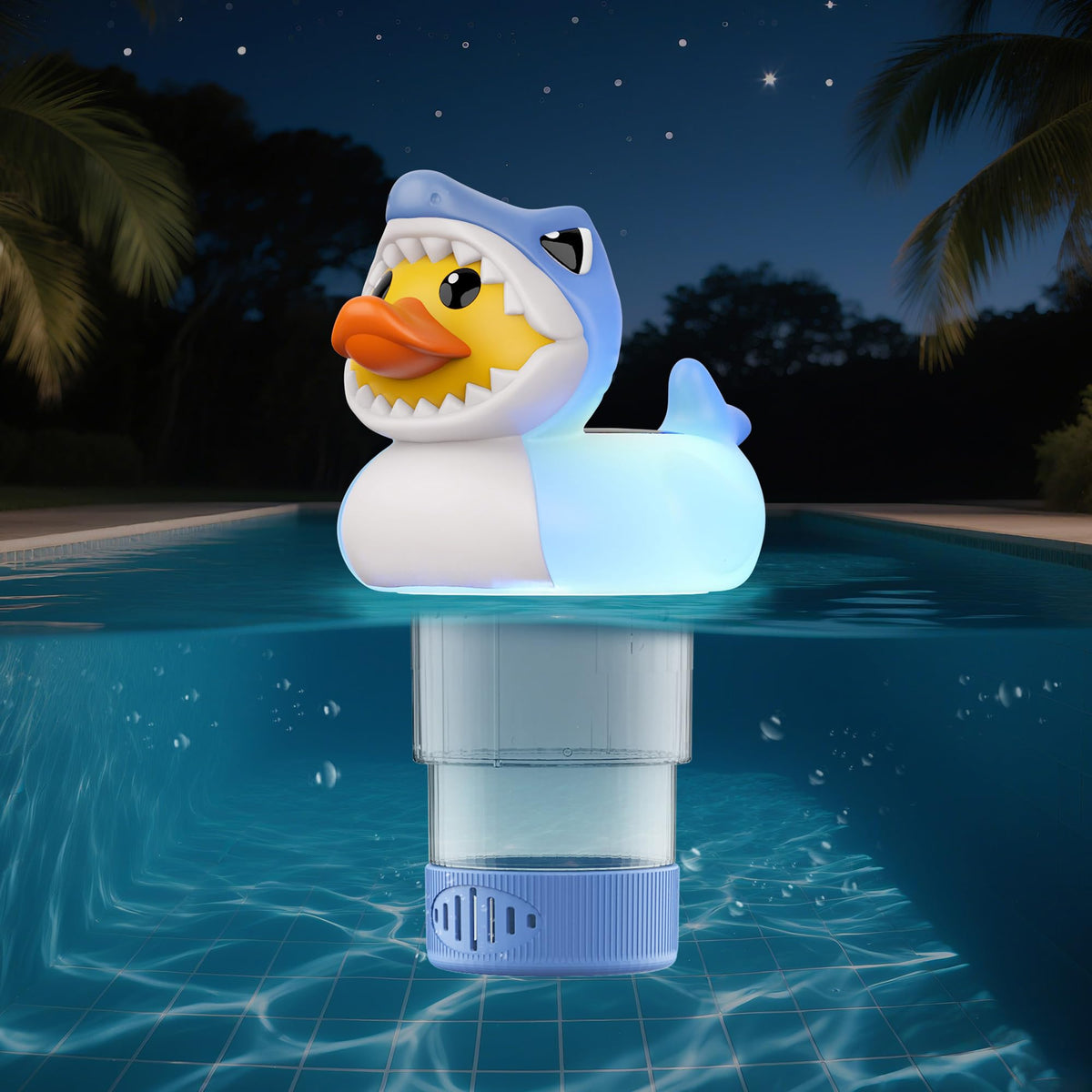 Doli Yearning duck-shark solar floater lights up at night for pool decor