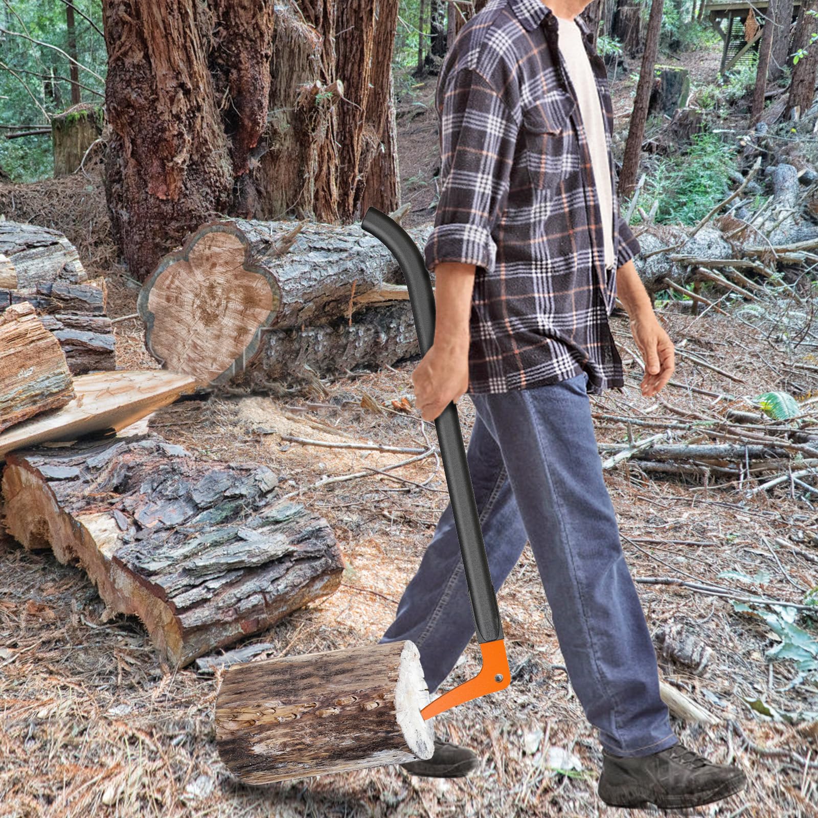 Dolibest multi-purpose hook rake for moving and splitting firewood.