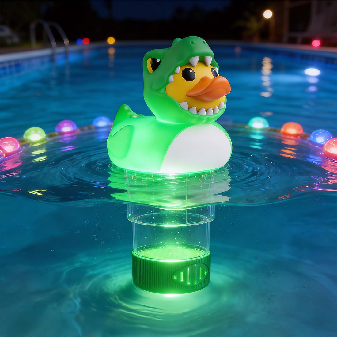DoliWish solar pool chlorine floater with green Dino for continuous sanitizing on sunny days.