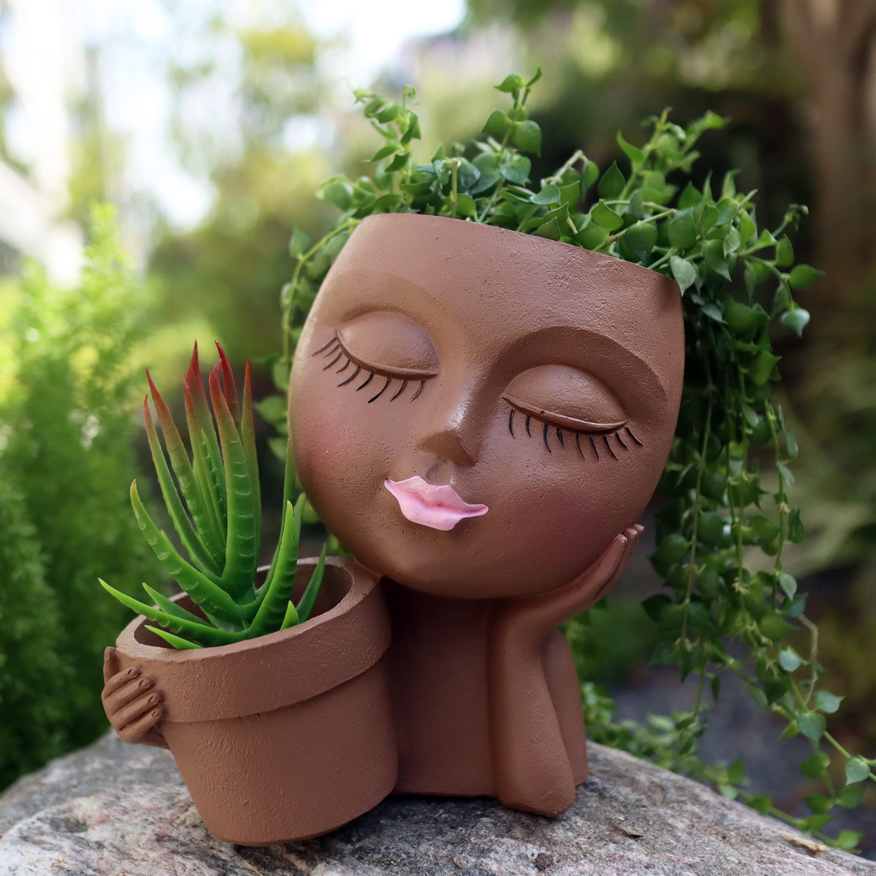 Dolkgy Face Pot Head Plant Holder with dual pots and drainage for healthy soil.