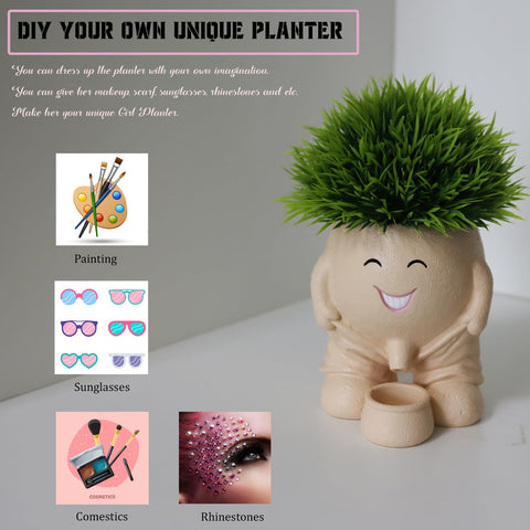 Dolkgy head vase outdoors in garden as a quirky focal point.