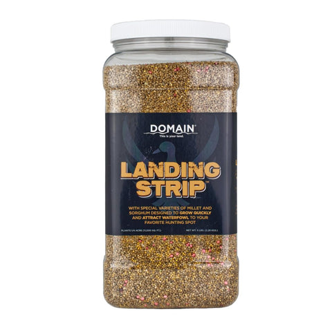 Domain Landing Strip seed mix packaging promoting wildlife habitat for waterfowl, upland birds, and deer.