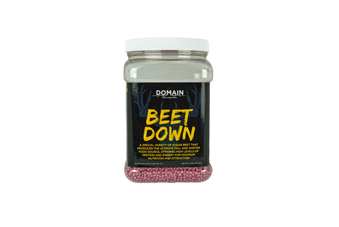Domain Outdoor Beet Down seed bag ready for planting, offering plentiful forage for deer.