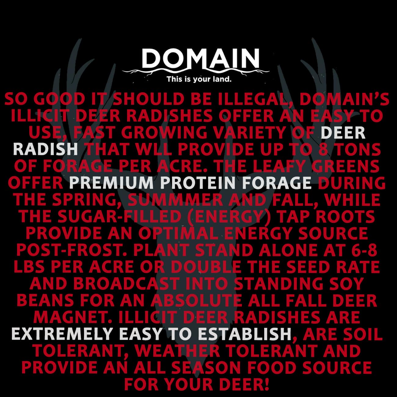 Domain Outdoor Illicit Food Plot Seed half-acre coverage shown in compact packaging.
