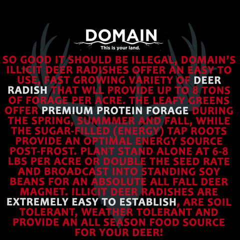 Domain Outdoor Illicit Food Plot Seed half-acre coverage shown in compact packaging.