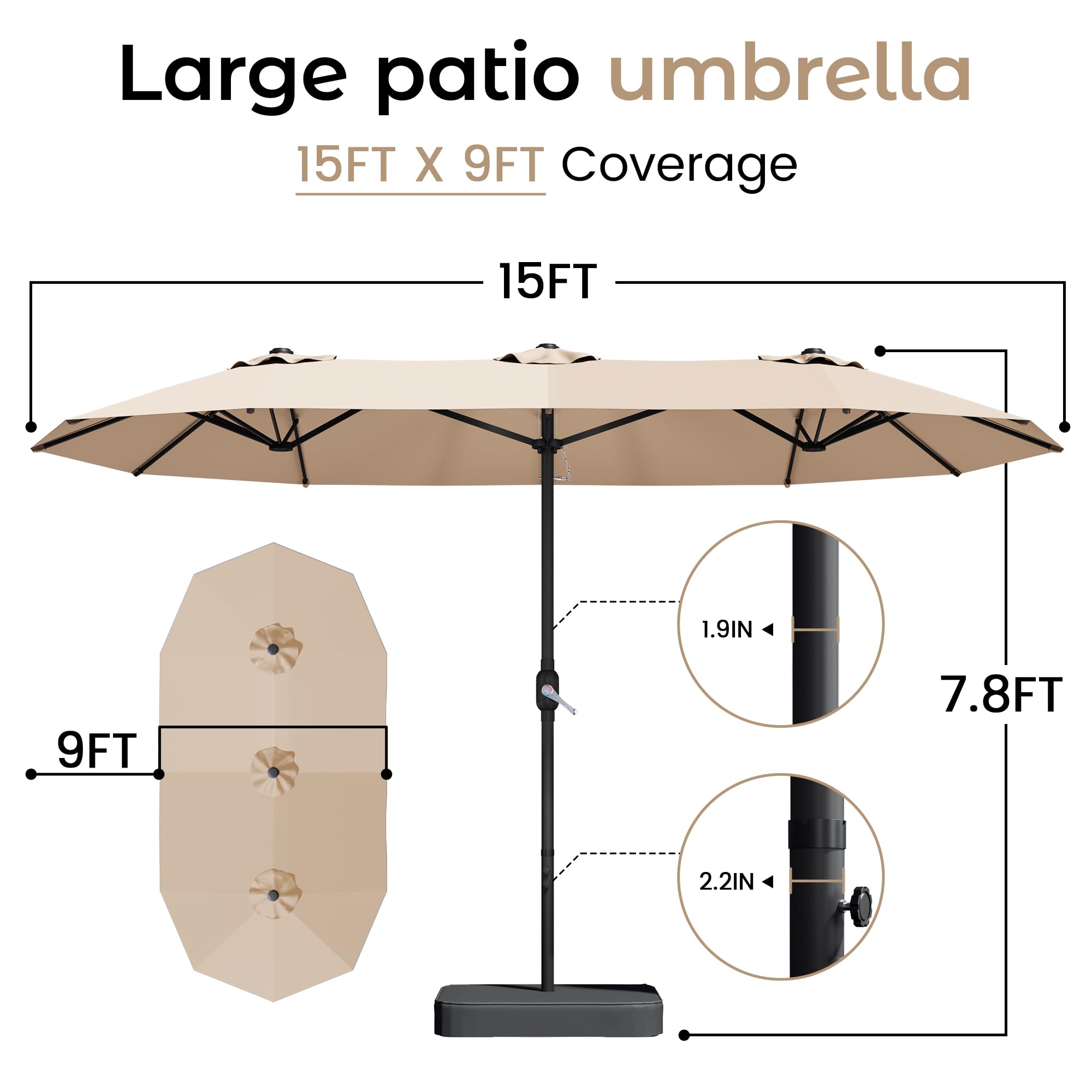 DomeShade 12 rust-proof ribs provide strong structural support.