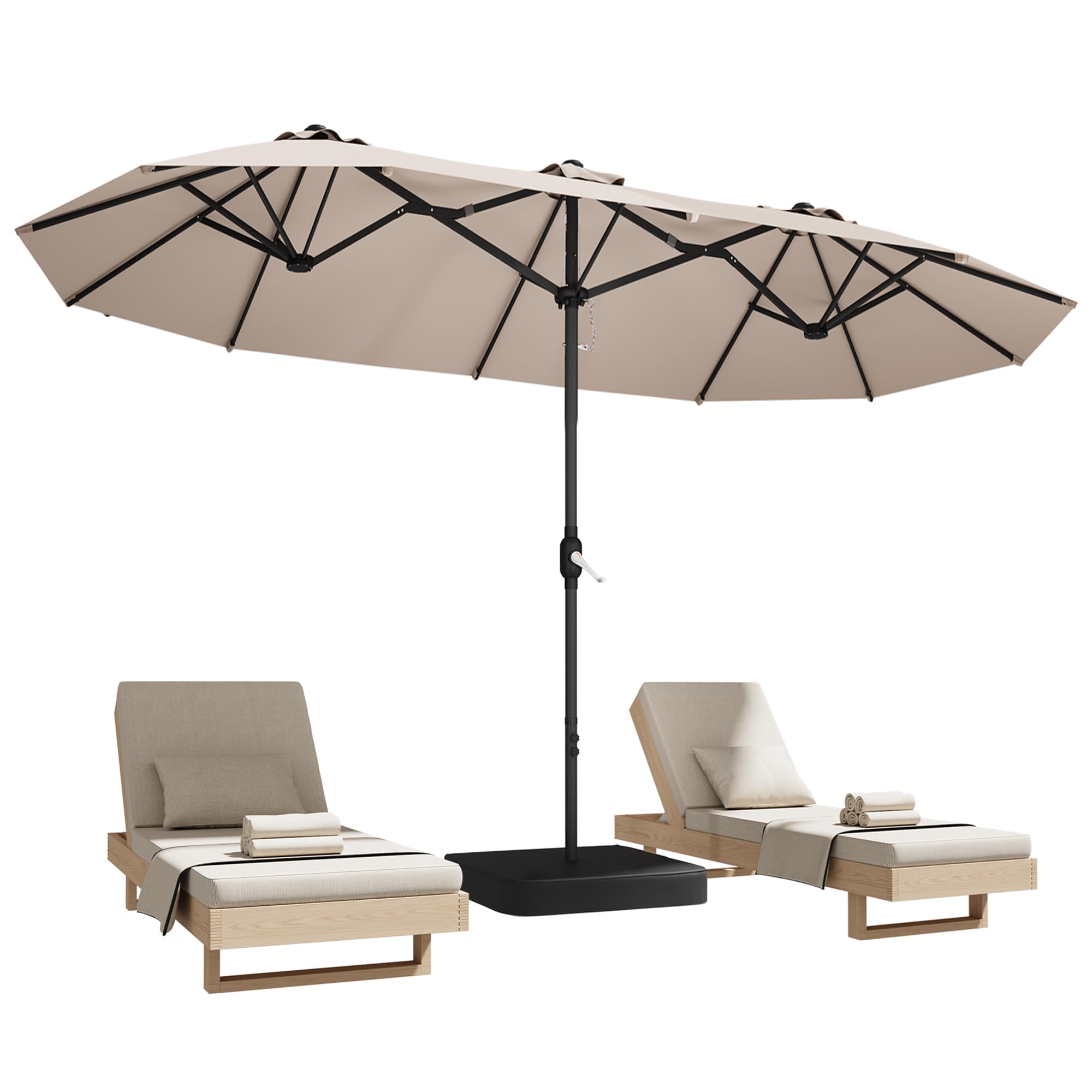 DomeShade 15ft double-sided umbrella in beige shading poolside seating.
