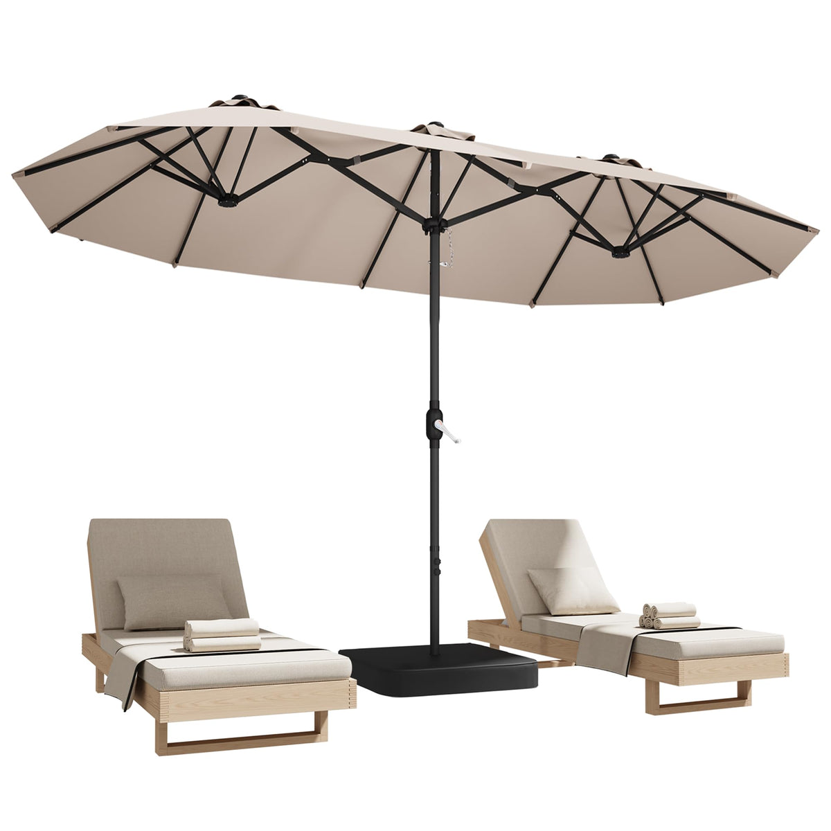 DomeShade 15ft double-sided umbrella in beige shading poolside seating.