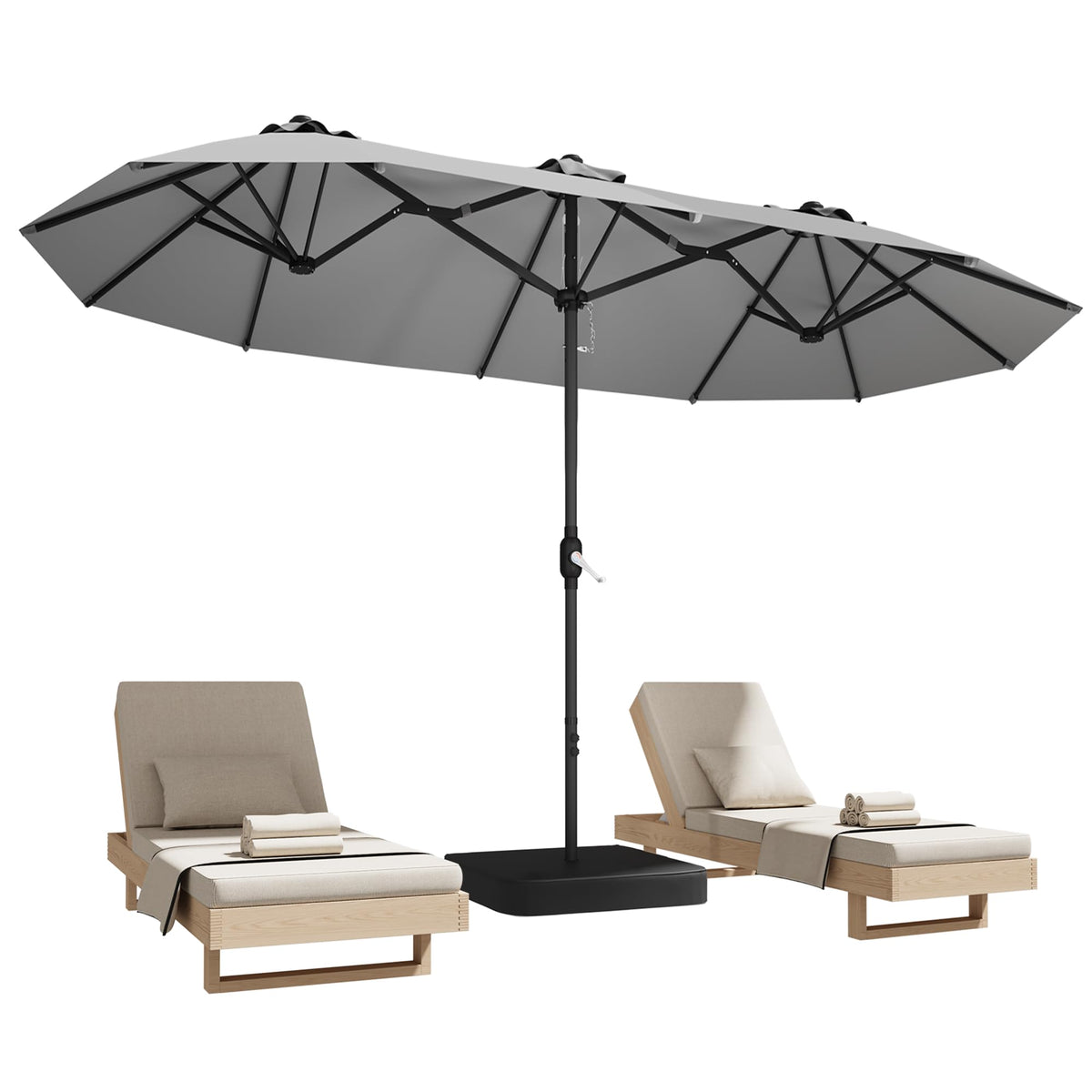 DomeShade 15ft patio umbrella exterior view showing wide shade coverage for poolside lounging.