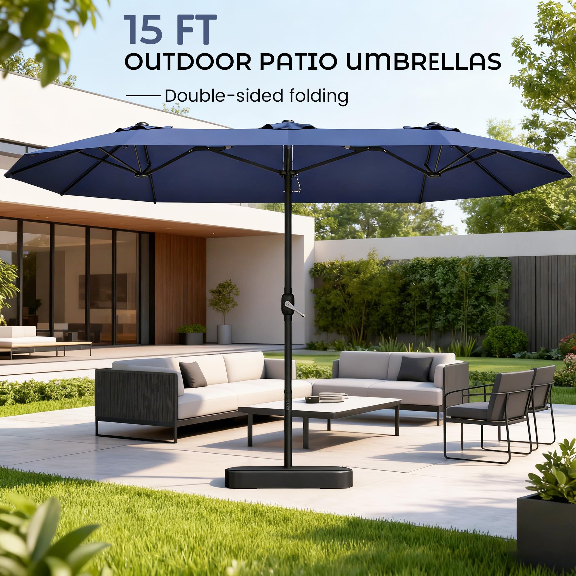 DomeShade crank-operated umbrella opening for quick shade during gatherings.