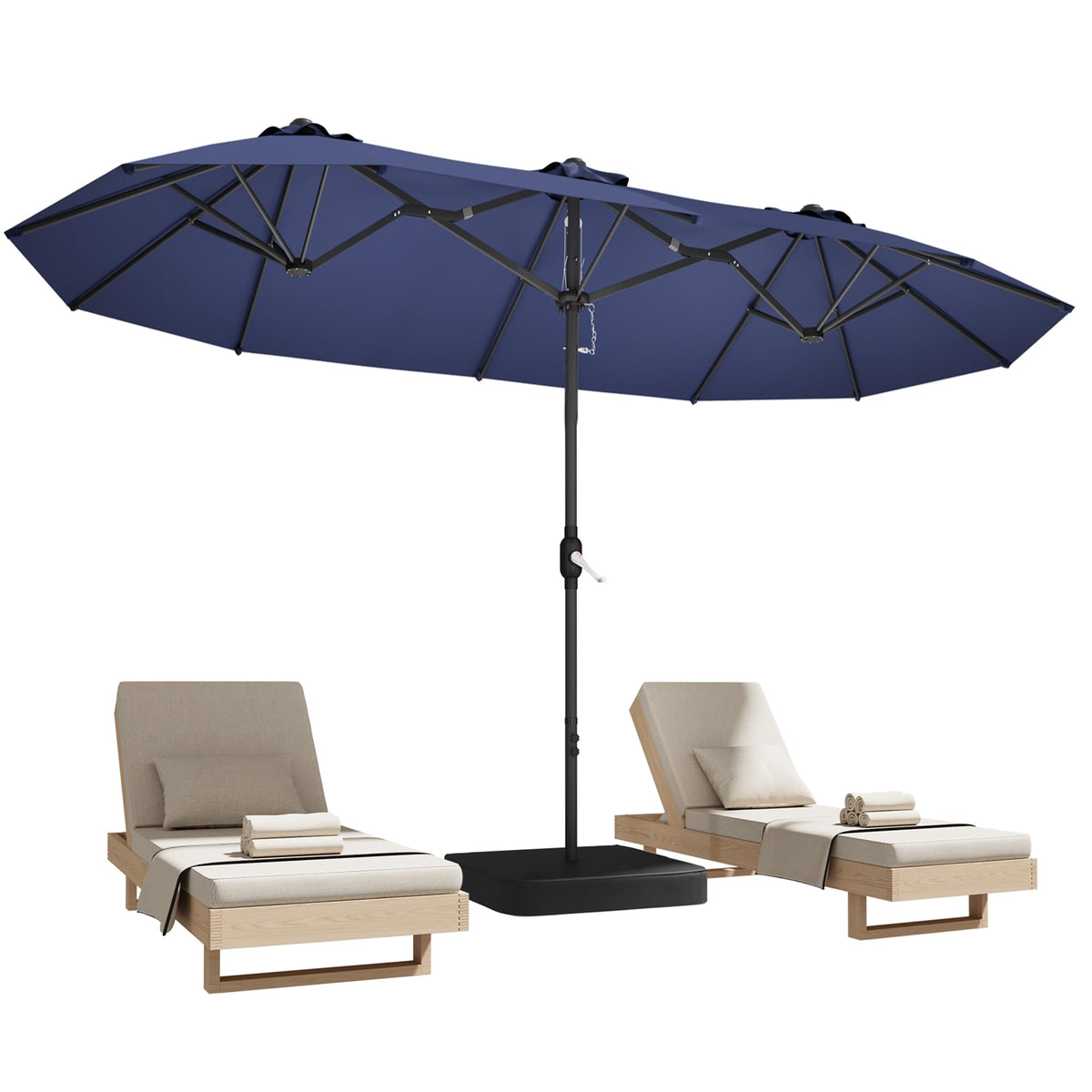 DomeShade double-sided umbrella over poolside seating provides broad sun protection.