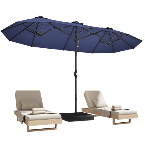 DomeShade double-sided umbrella over poolside seating provides broad sun protection.