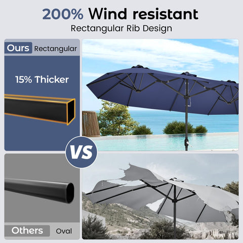 DomeShade navy-blue canopy adds stylish shade to garden and deck.