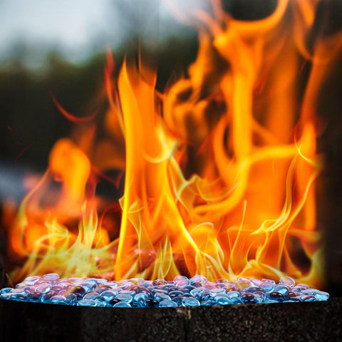 DomeStar blue glass beads add garden decor with flame-reflective sparkle.