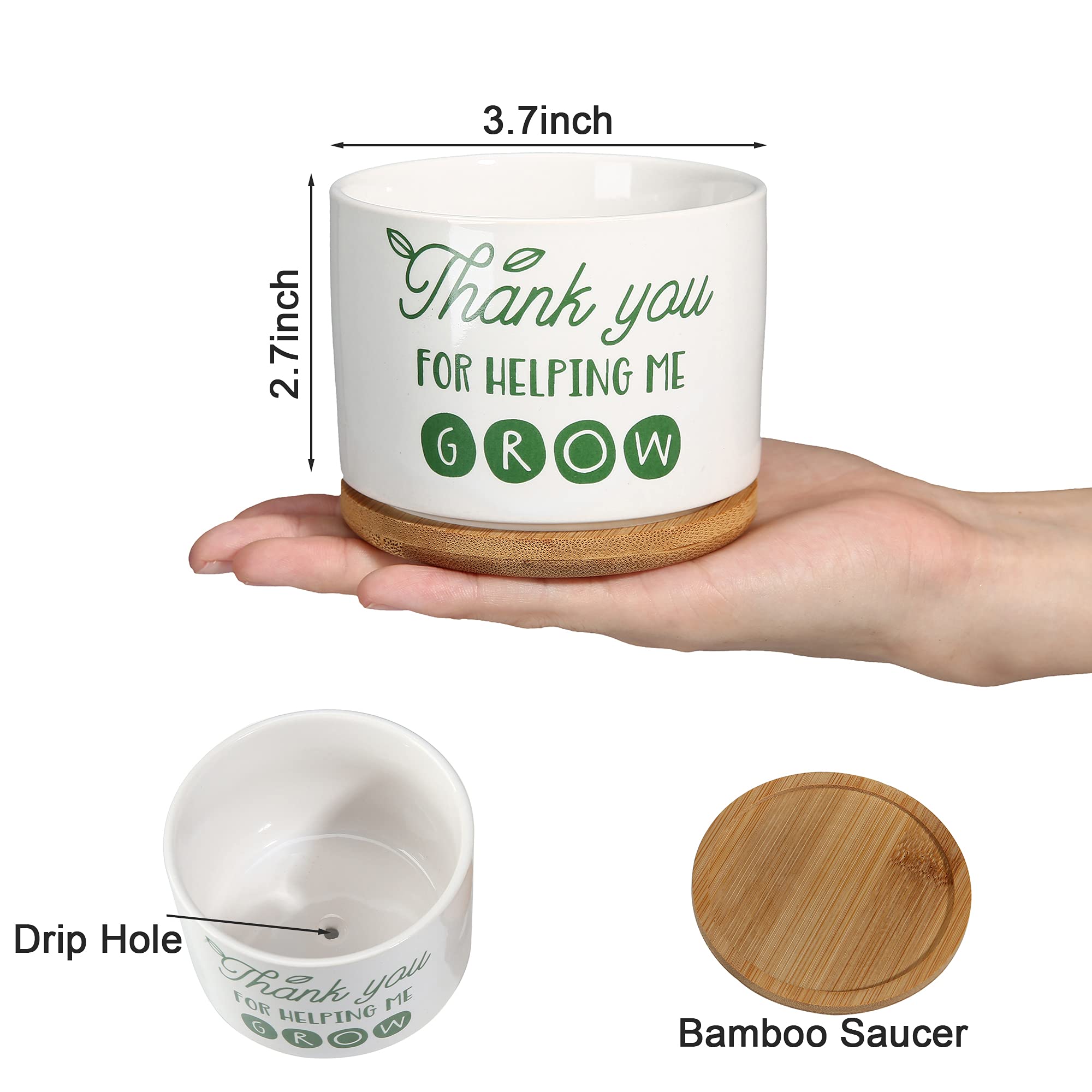 White ceramic planter with bamboo saucer highlights the 'Thank You For Helping Me Grow' message.