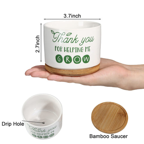 White ceramic planter with bamboo saucer highlights the 'Thank You For Helping Me Grow' message.