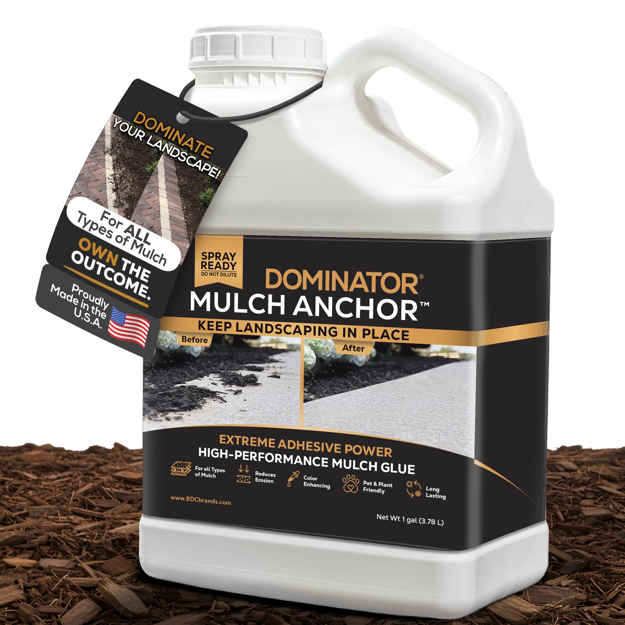 Dominator Mulch Anchor 1-gallon bottle ready for outdoor spray application.