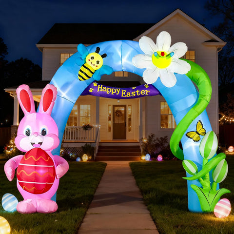 DomKom inflatable bunny archway illuminated at dusk for inviting ambiance