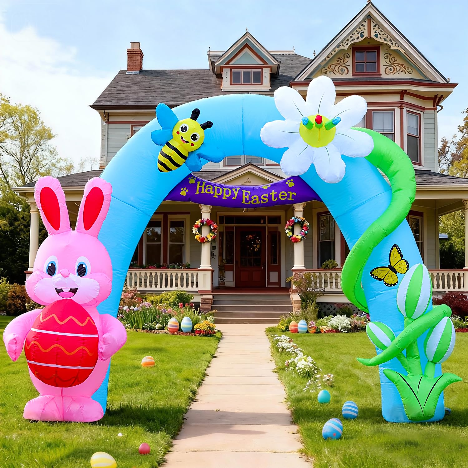 DomKom 12ft bunny archway with LED lights at front view for Easter outdoor decor