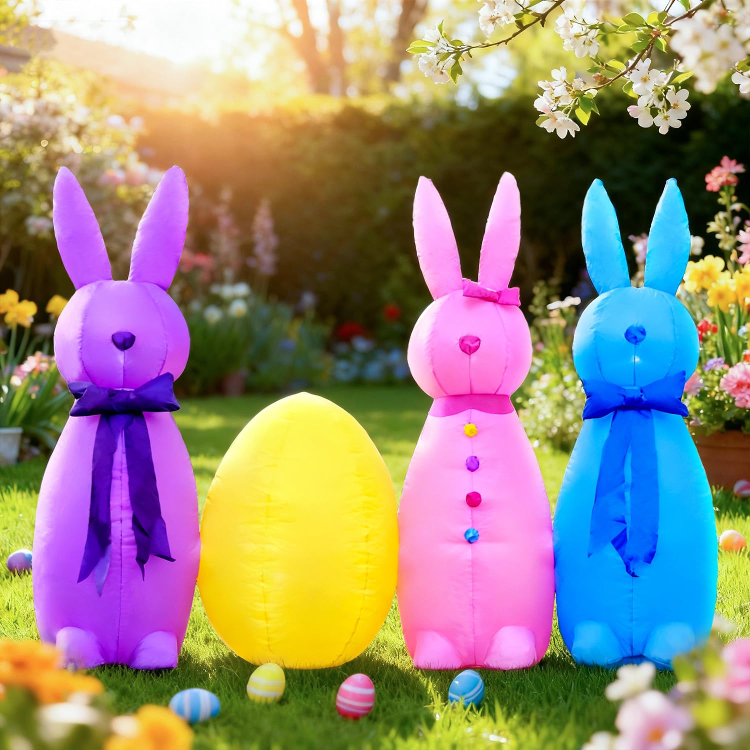 DomKom 6FT Easter inflatable bunny outdoors with colorful lights for festive yard display.