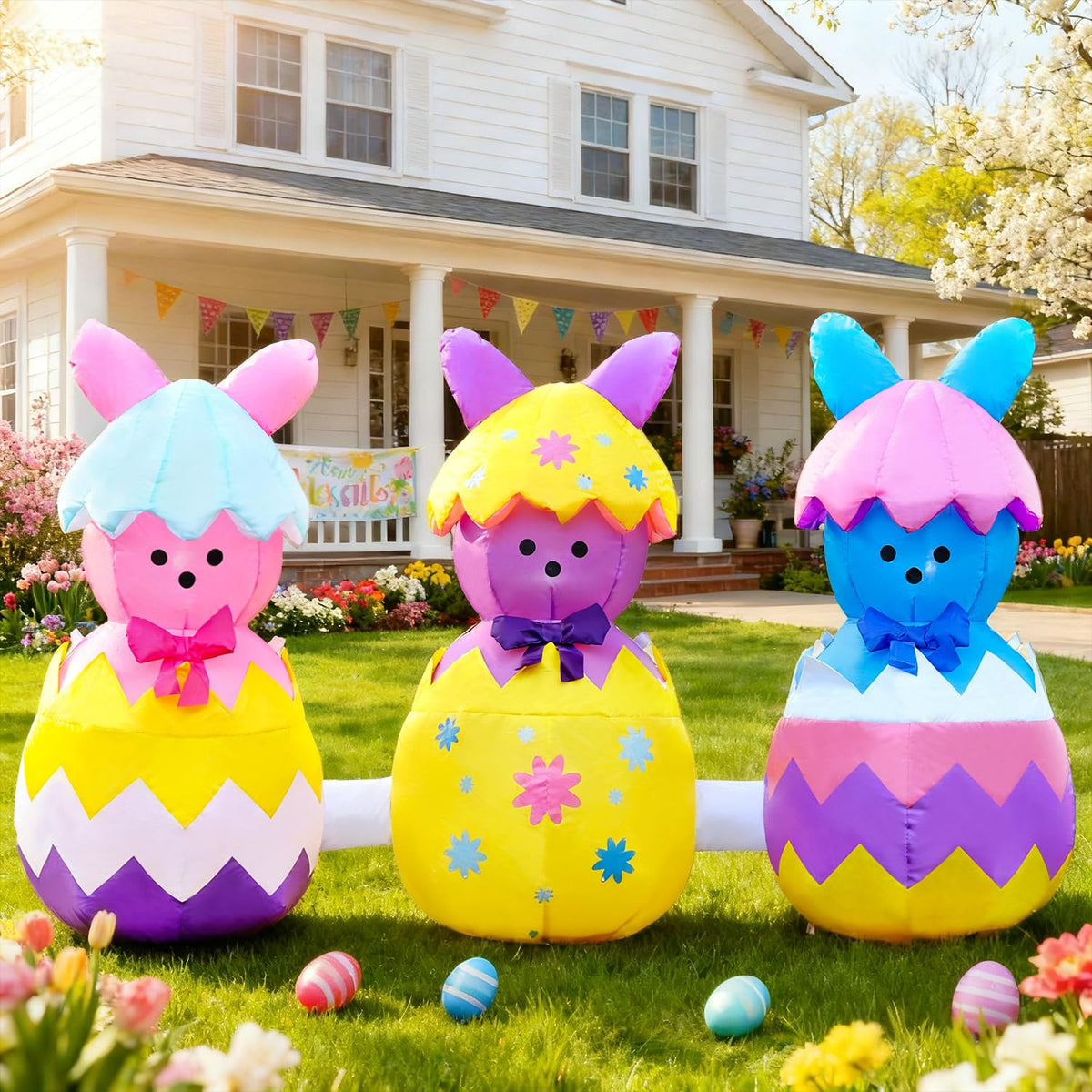 DomKom 6FT Easter inflatable bunny graces the yard for festive curb appeal.