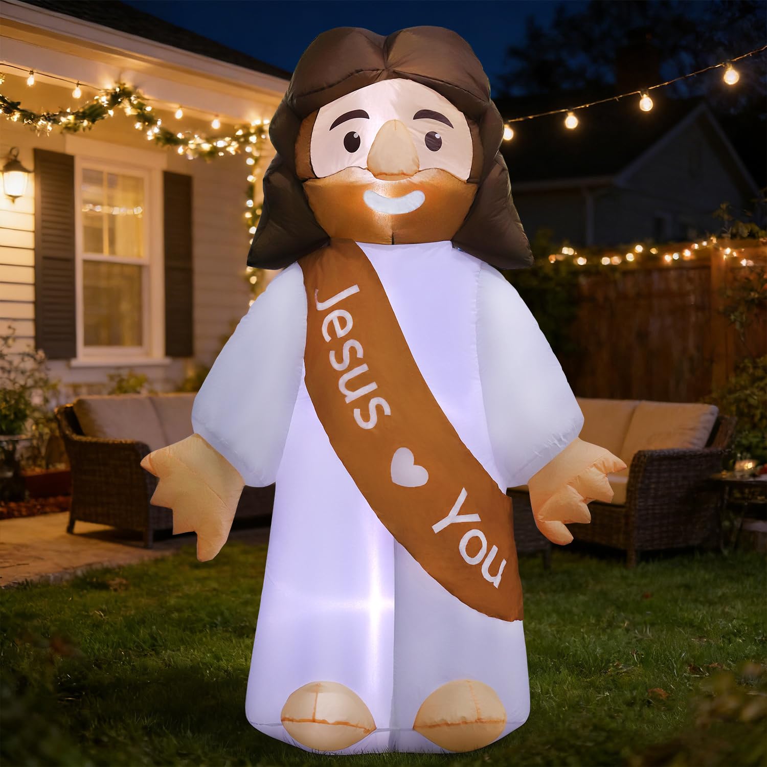 DomKom 6ft Jesus inflatable—LED-lit figure for church or home lawn decor.