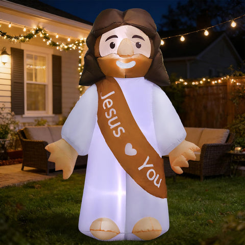 DomKom 6ft Jesus inflatable—LED-lit figure for church or home lawn decor.