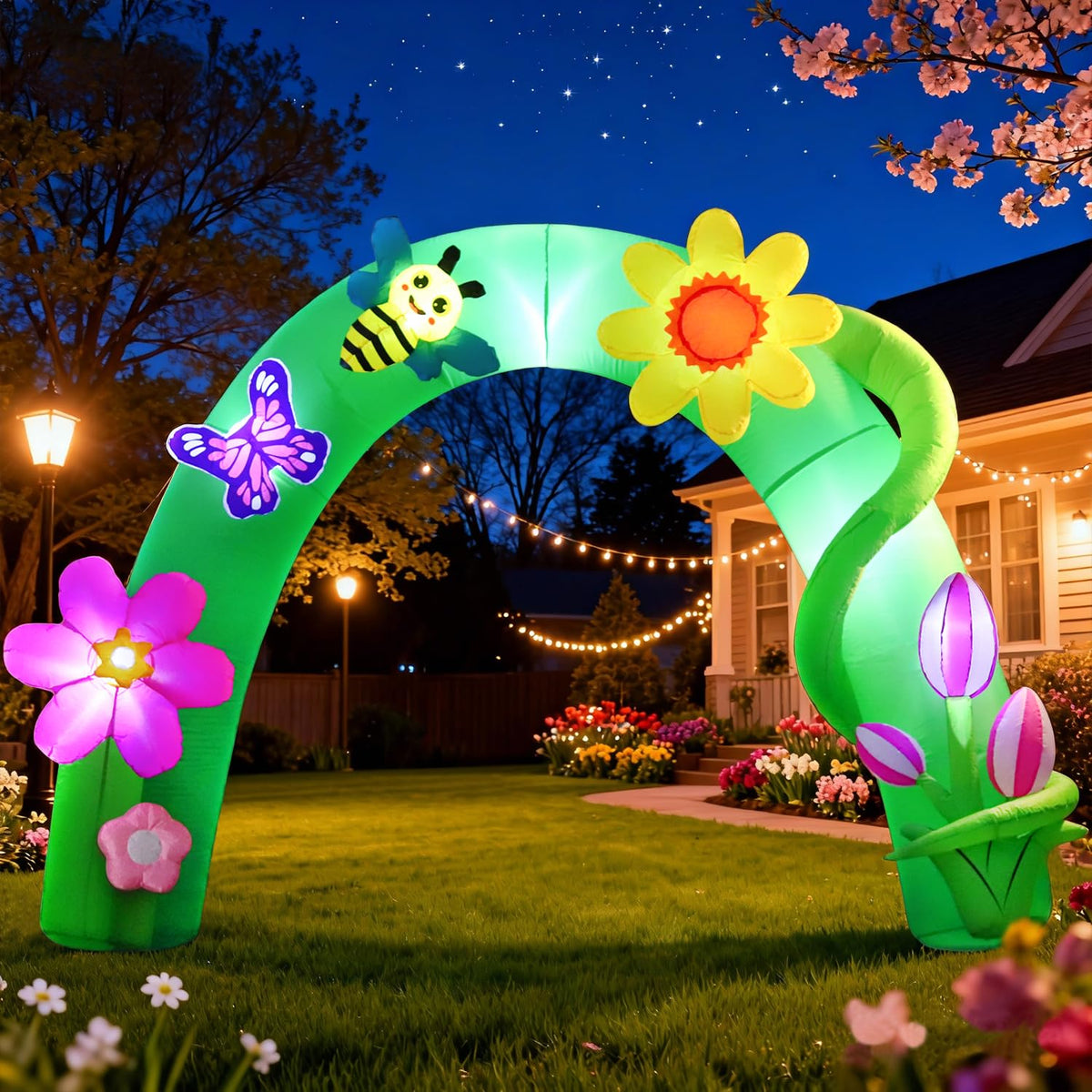 DomKom 8ft spring inflatable arch with flowers decorates entryways for a welcoming seasonal ambiance.