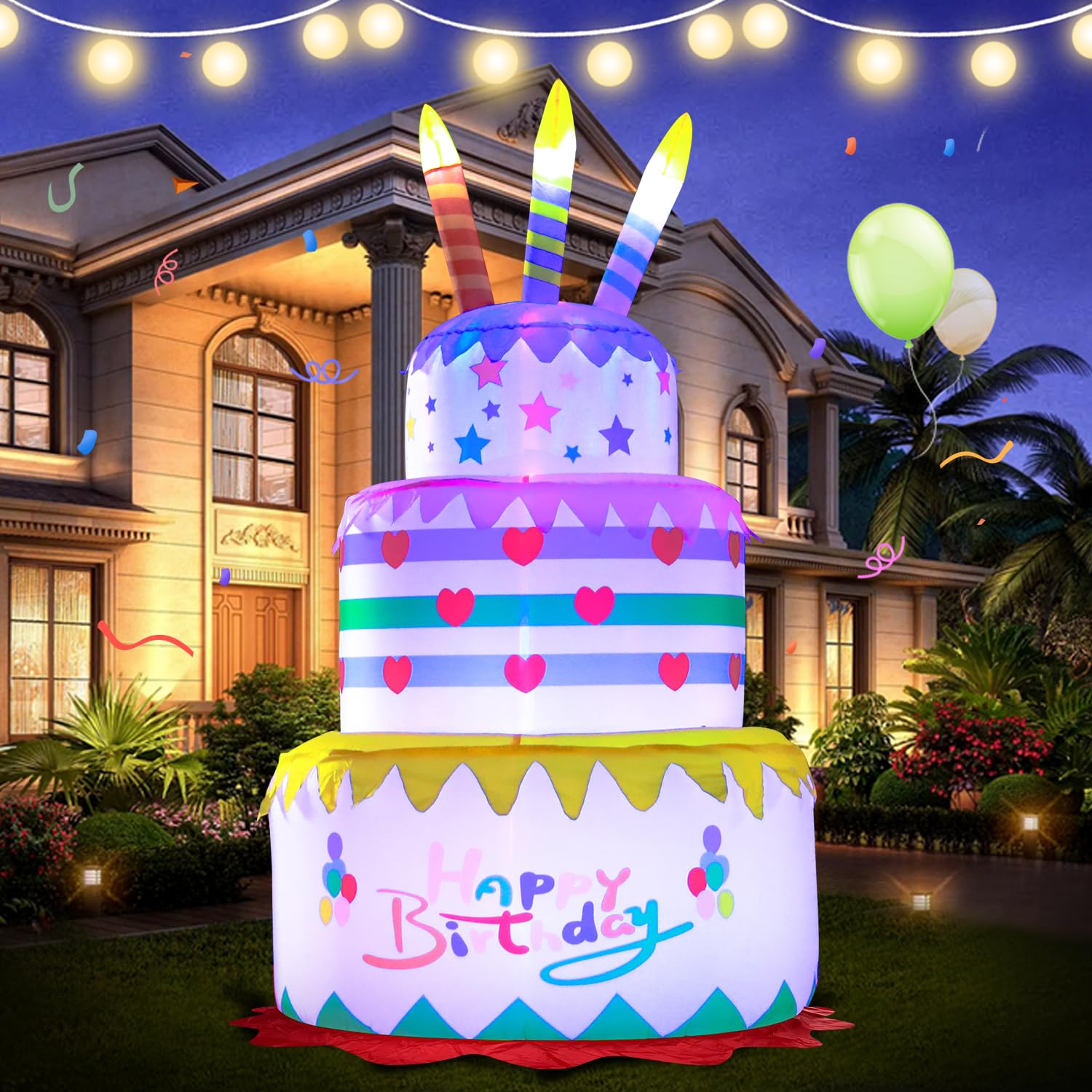 DomKom 6FT birthday cake inflatable inflates in the yard for festive outdoor ambiance