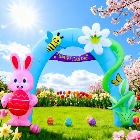 DomKom bunny archway showing colorful eggs design for festive photo ops