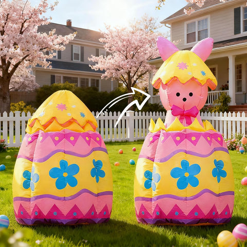 DomKom cracked egg bunny inflatable adds dynamic holiday charm outside.