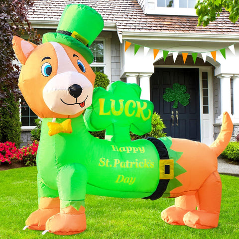 DomKom dachshund inflatable with LED lights for St. Patrick's Day yard decor.